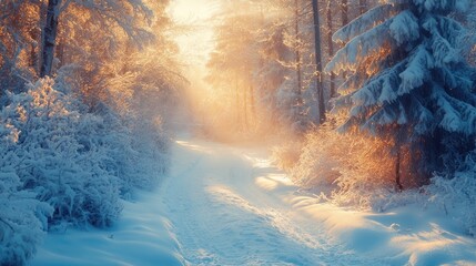 Fototapeta premium Snow covered path winding through forest in morning sunlight