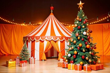 Christmas circus celebration with festive decorations and christmas trees