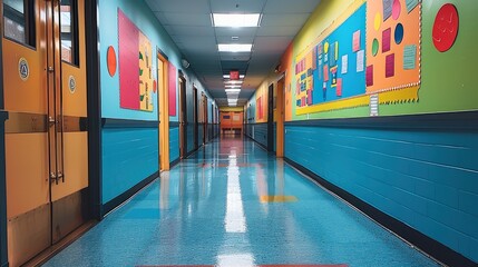 Bulletin board in a happy and bright school elementary school hallway. Generative AI.
