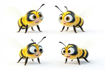 Four adorable cartoon-style bees, each with expressive eyes and vibrant yellow and black