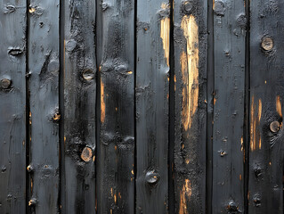 Close-up of a textured black wooden wall with natural knots and highlights, perfect for background or design projects.