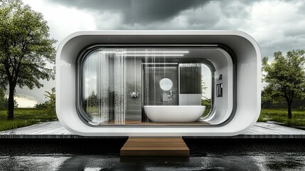Modern Bathroom Pod with a Bathtub Overlooking a Pond