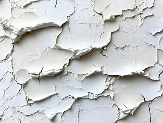 Obraz premium Close-up of cracked white paint on a textured surface, showcasing intricate patterns and layers of peeling material.