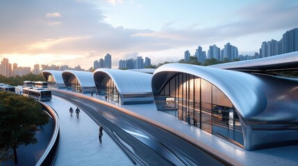 A set of futuristic bus terminals along a city's new transit line, with curving roofs and walls clad in sleek, reflective fiber cement siding to promote a modern, clean aesthetic