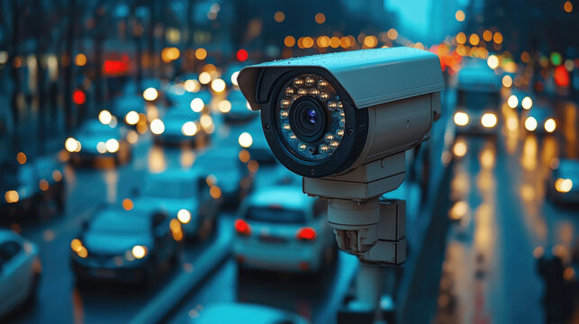 A security camera is positioned on a post, capturing nighttime traffic amidst rain, illuminating the area with its flashing lights and blurred car motion