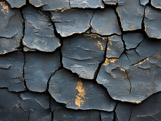 Close-up of textured, cracked surface with dark hues and golden highlights, perfect for backgrounds and abstract art.