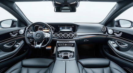 Interior of a dark gray executive car, white background. Generative AI.