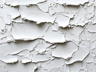 Obraz premium Close-up of textured white plaster wall featuring cracked patterns and layered surface, ideal for background and abstract designs.