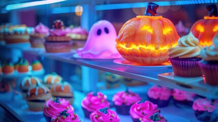 Front view of Halloween pastries like glowing ghost pies and neon pumpkin cupcakes in a witch s bakery, cybernetic tone, Complementary Color Scheme