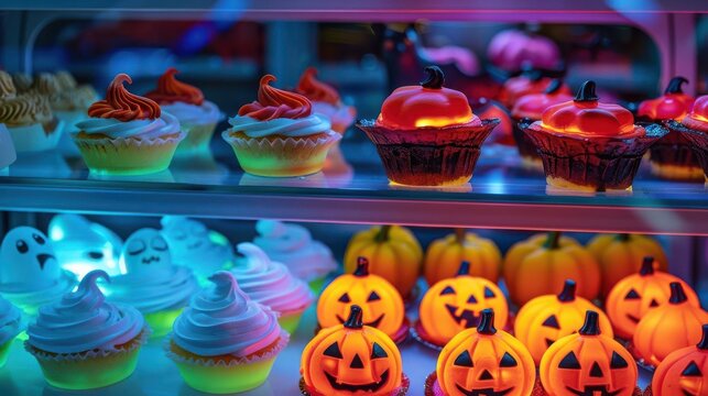 Front view of Halloween pastries like glowing ghost pies and neon pumpkin cupcakes in a witch s bakery, cybernetic tone, Complementary Color Scheme