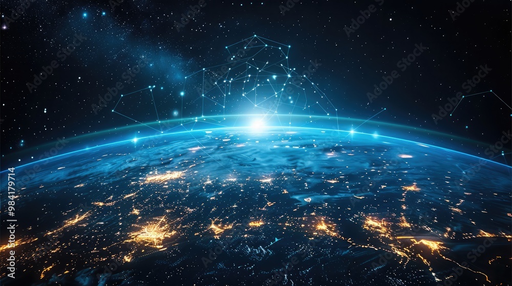 Poster The Earth is surrounded by a network grid. Internet coverage on Earth, space technology. Generative AI.