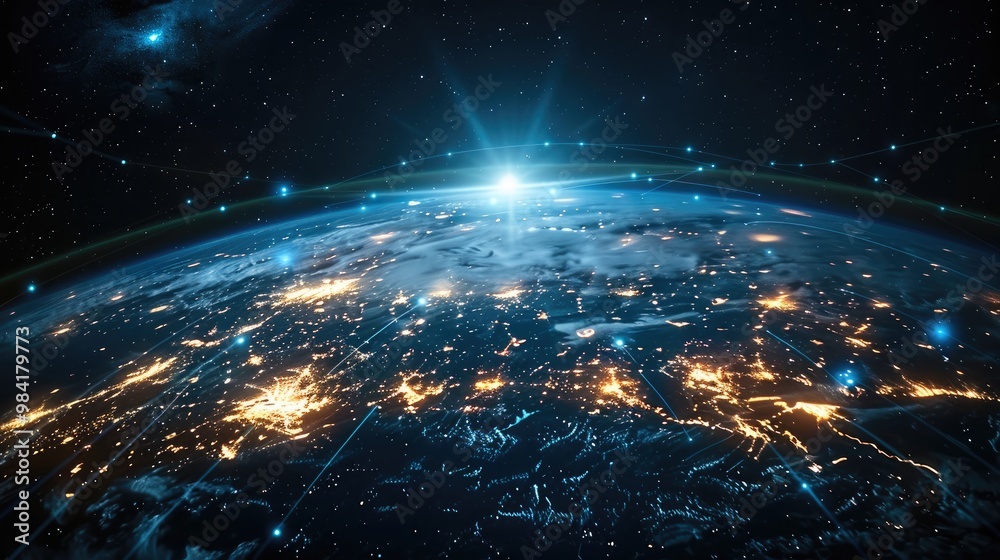 Poster The Earth is surrounded by a network grid. Internet coverage on Earth, space technology. Generative AI.