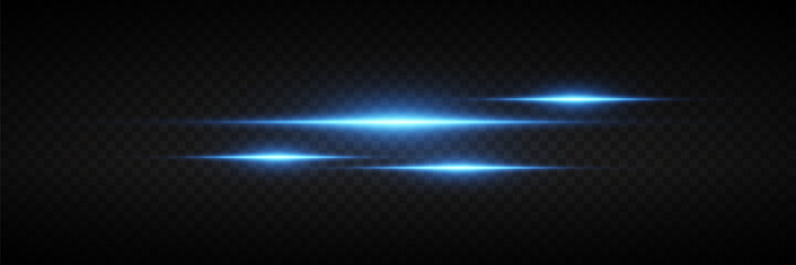 Blue neon lines of light. Horizontal rays of light. On a transparent background.