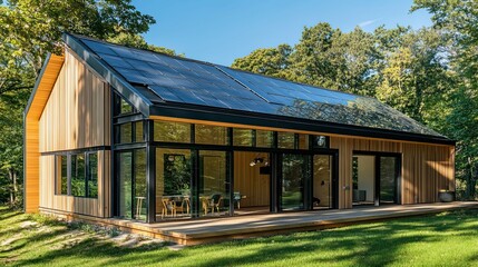 Fototapeta premium Modern wooden house with solar panels and a deck in a wooded area