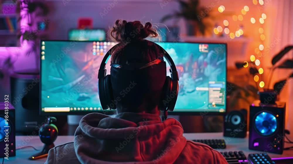 Poster this gamer is immersed in an online gaming session at night, surrounded by vibrant lighting and two 