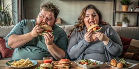 Indulgent eating concept with overweight couple enjoying unhealthy fast food in a cozy setting