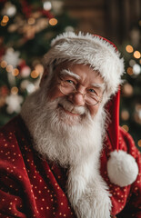 Portrait of Santa Claus standing in decorated room, looking at camera and smiling