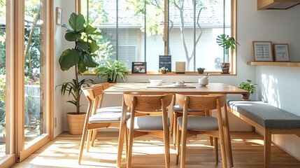An airy dining room with natural wood furniture, including chairs and a table, set against white walls. a grey fabric bench seating area. Generative AI.