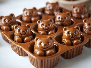 a chocolate bears in a muffin pan. 