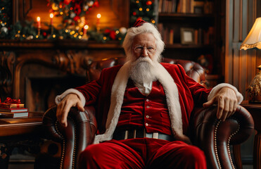 Obraz premium Santa Claus sits in a chair next to a Christmas tree
