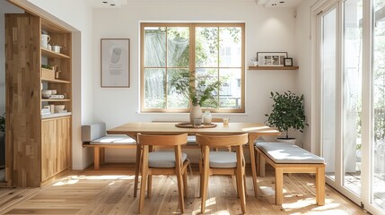 An airy dining room with natural wood furniture, including chairs and a table, set against white walls. a grey fabric bench seating area. Generative AI.