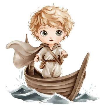 recommend clip art: Cute Cartoon Boy Sailing in a Wooden Boat on the Water.