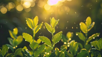 Obraz premium A peaceful scene of young green plants glistening with morning dew as the sun rises. 