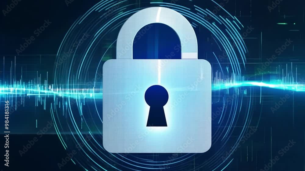 Poster A digital representation of a padlock symbolizes security and protection, set against a backdrop of abstract sound waves, highlighting the importance of cybersecurity.