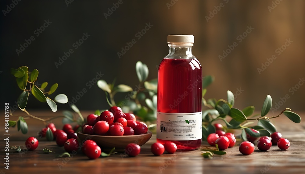 Wall mural Cranberry extract bottle surrounded by fresh cranberries and vibrant green leaves