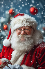Portrait of Santa Claus standing next to Christmas tree
