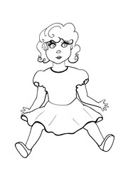 The silhouette of a plump rural looking young girl with short curly hair and big round eyes. Isolated black and white graphic draw of a seated doll. Funny stylized sketch of a summer female portrait.