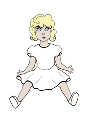 The silhouette of a plump rural looking young girl with short curly golden hair and big round light blue eyes. Isolated digital graphic draw of a seated doll. Funny sketch of a summer female portrait.