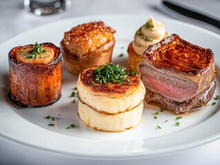 Exquisite French Appetizer Trio on Fine Porcelain in Parisian Setting, Generative AI