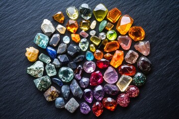 A colorful collection of gemstones arranged in a perfect circle on a dark surface.