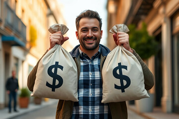 Man holding money bags with dollar sign in the street, becoming rich, wealth