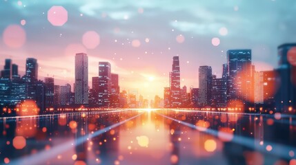 Fototapeta premium A cityscape with reverse logistics symbols integrated into the buildings and roads.