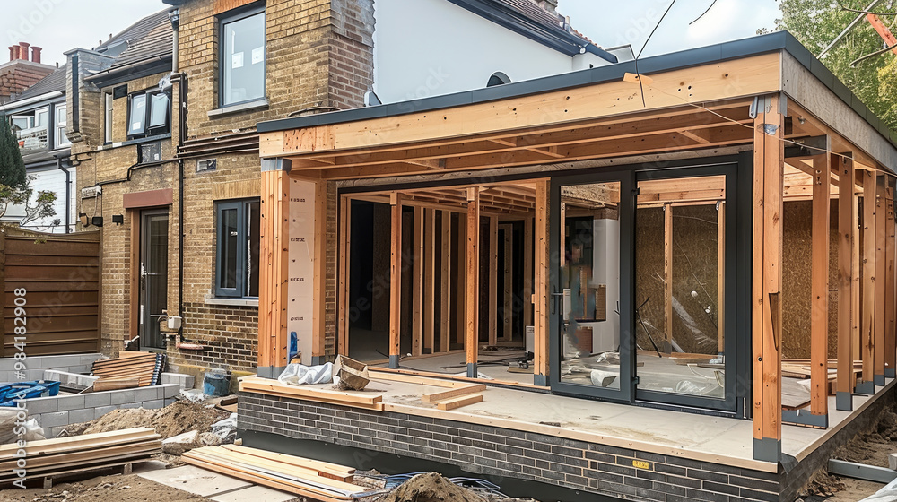 Poster Building the extension with a robust timber frame. Generative AI.