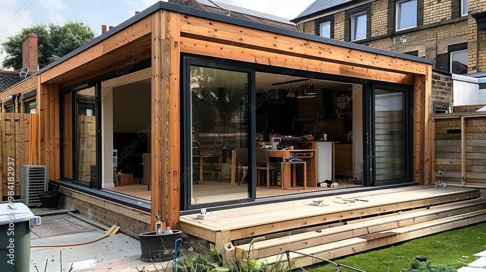 Poster Building the extension with a robust timber frame. Generative AI.