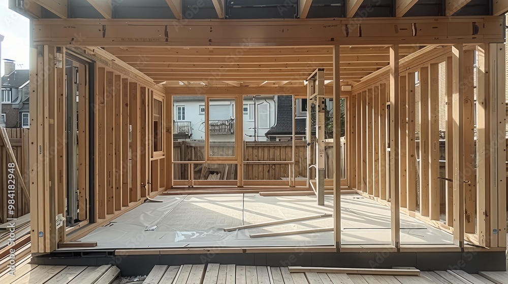 Poster Building the extension with a robust timber frame. Generative AI.