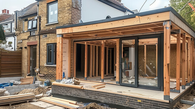 Building the extension with a robust timber frame. Generative AI.