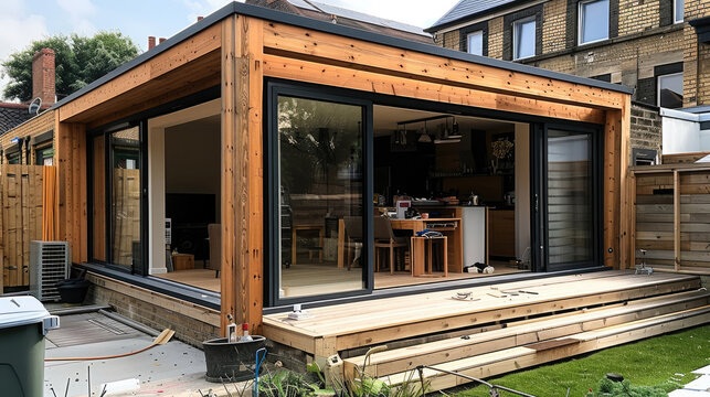 Building the extension with a robust timber frame. Generative AI.