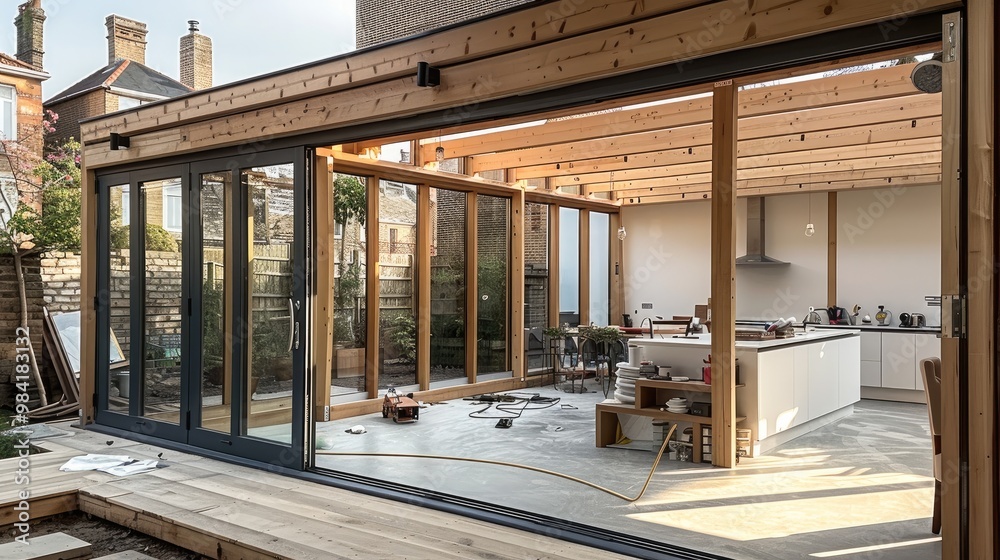 Poster Building the extension with a robust timber frame. Generative AI.