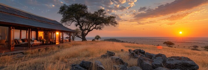 Beautiful safari lodge with scenic sunset view over the African savannah, showing a serene and tranquil natural landscape.