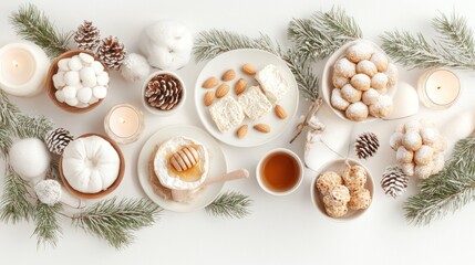 Cozy Dinner Party Scene with Mini Baked Brie Appetizers, Honey, Almonds, Candles, and Vintage Tableware, Generative AI