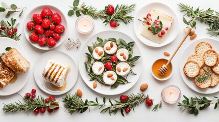 Intimate Dinner Party Vibes: Mini Baked Brie Appetizers with Honey and Almonds on Rustic Table Setting with Candlelight Glow, Generative AI