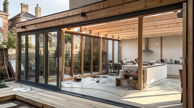 Building the extension with a robust timber frame. Generative AI.