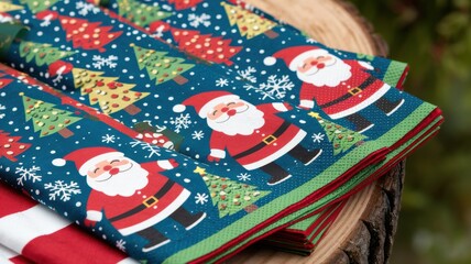 Festive Christmas Fabric with Santa and Trees Design