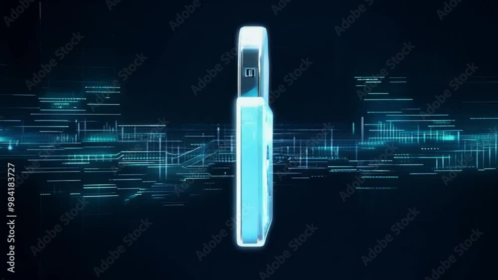 Poster A digital lock is displayed against a blue background filled with data patterns, representing the importance of cybersecurity and protecting sensitive information.