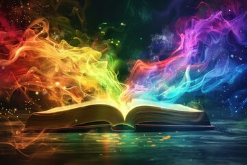 A book is open to a page with a rainbow and smoke