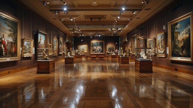 Elegant art gallery with paintings and sculptures on display, polished wooden floors and ambient lighting creating a sophisticated atmosphere. - Powered by Adobe